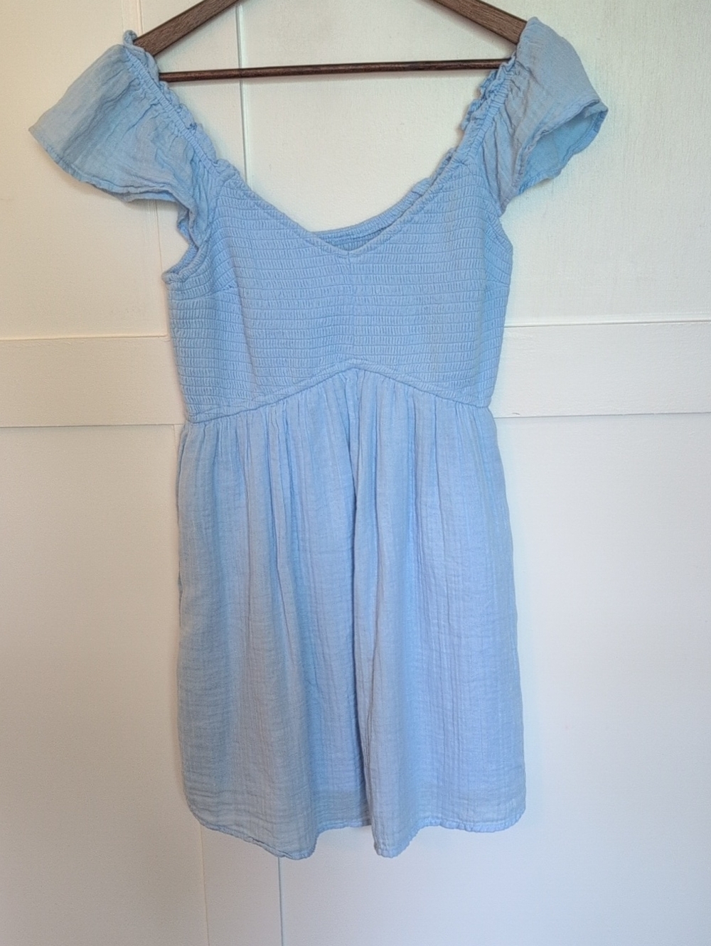 Hollister Light Blue Off-Shoulder Smocked Mini Dress
